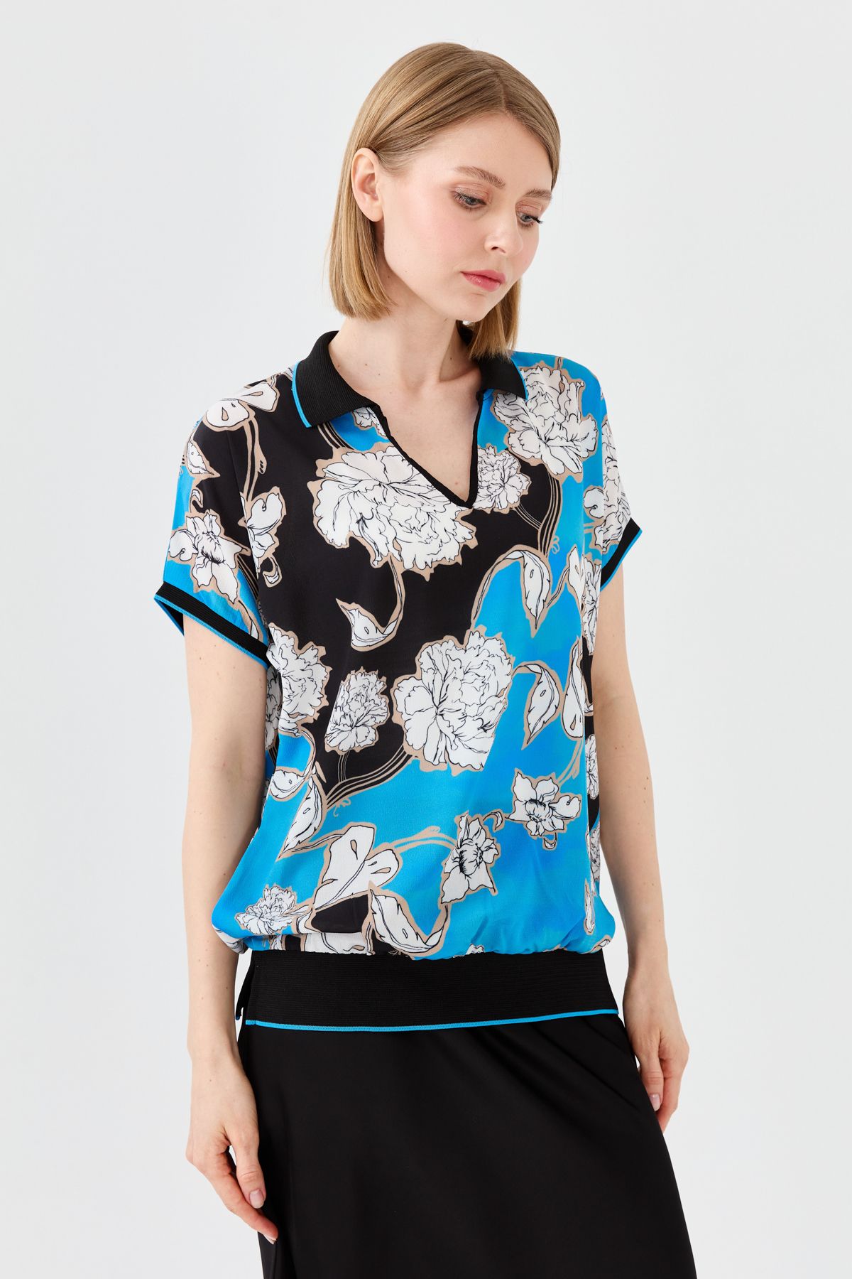 Desen Triko Kadın Polo Yaka Renkli Desenli Bluz Saks