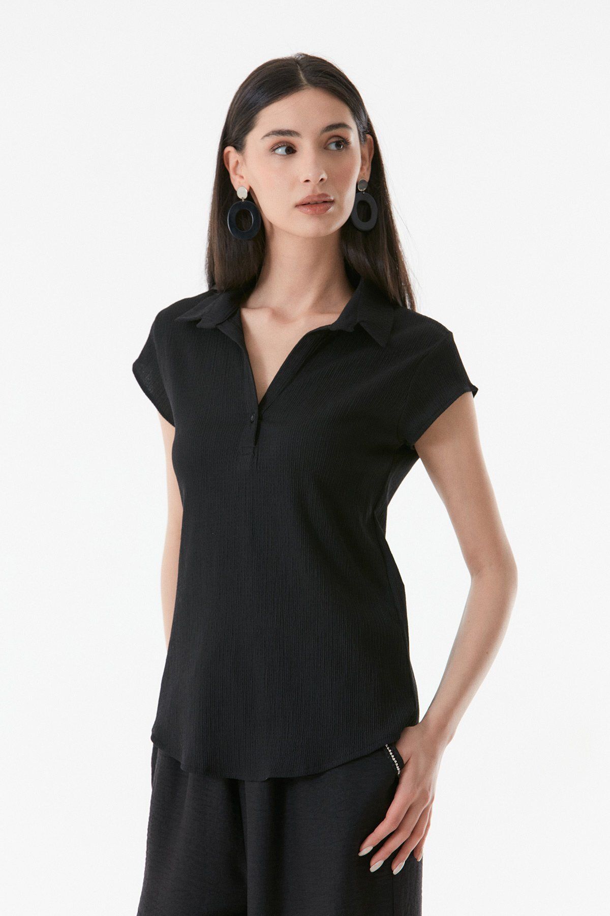 Fullamoda Basic Bürümcük Kumaş Gömlek Yaka Bluz
