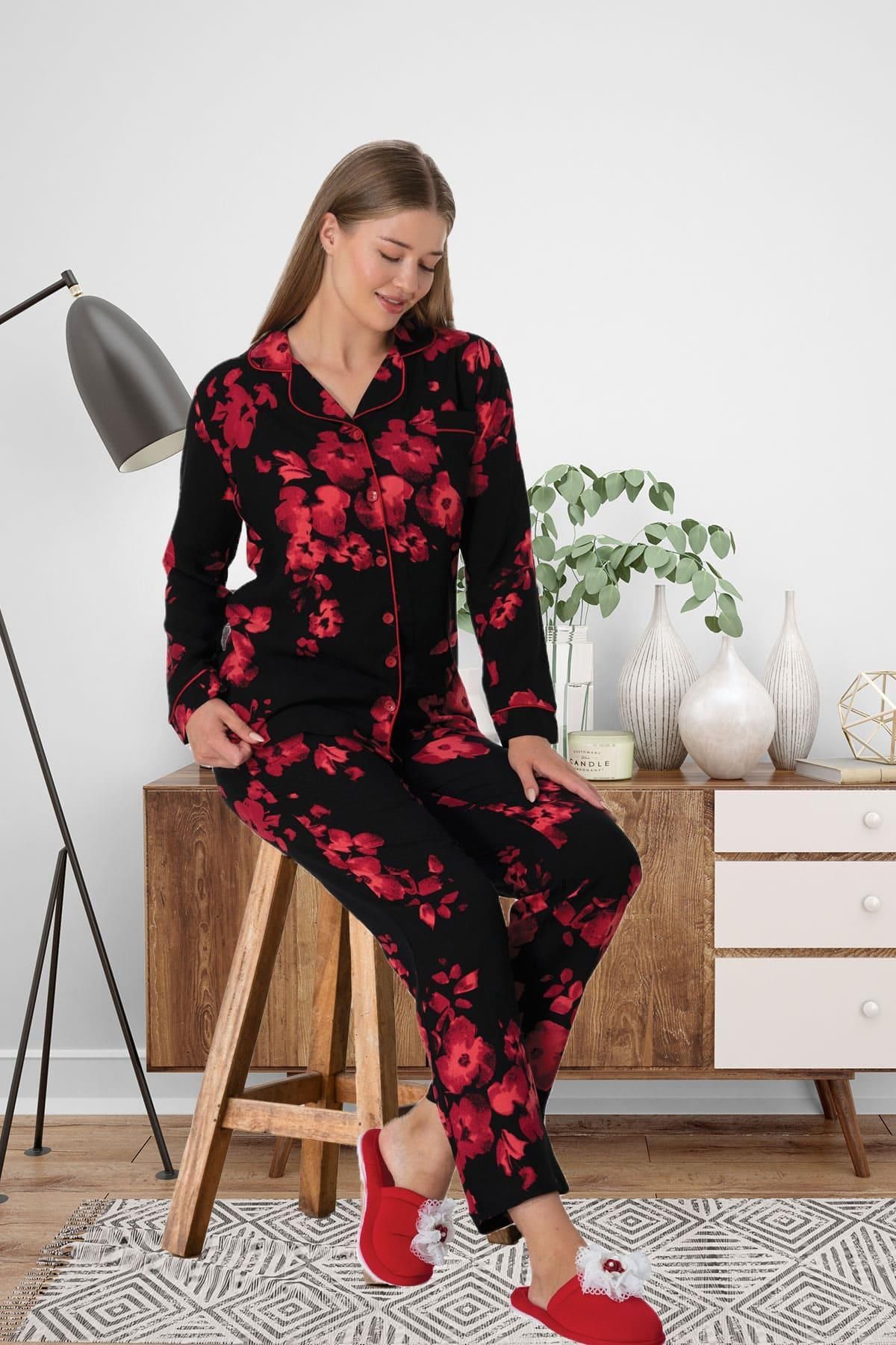 Mecit Pijama Çiçek Desenli Boydan Düğmeli Gömlek Yaka Pamuklu Kadın Pijama Takımı