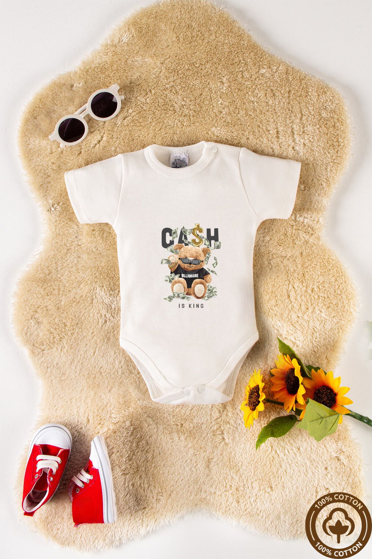 miniel organic Özel Tasarım Organik Pamuklu Cash Teddy Bear Baskılı 3-6-9-12 Ay Bebek Body Ekru Badi Zıbın