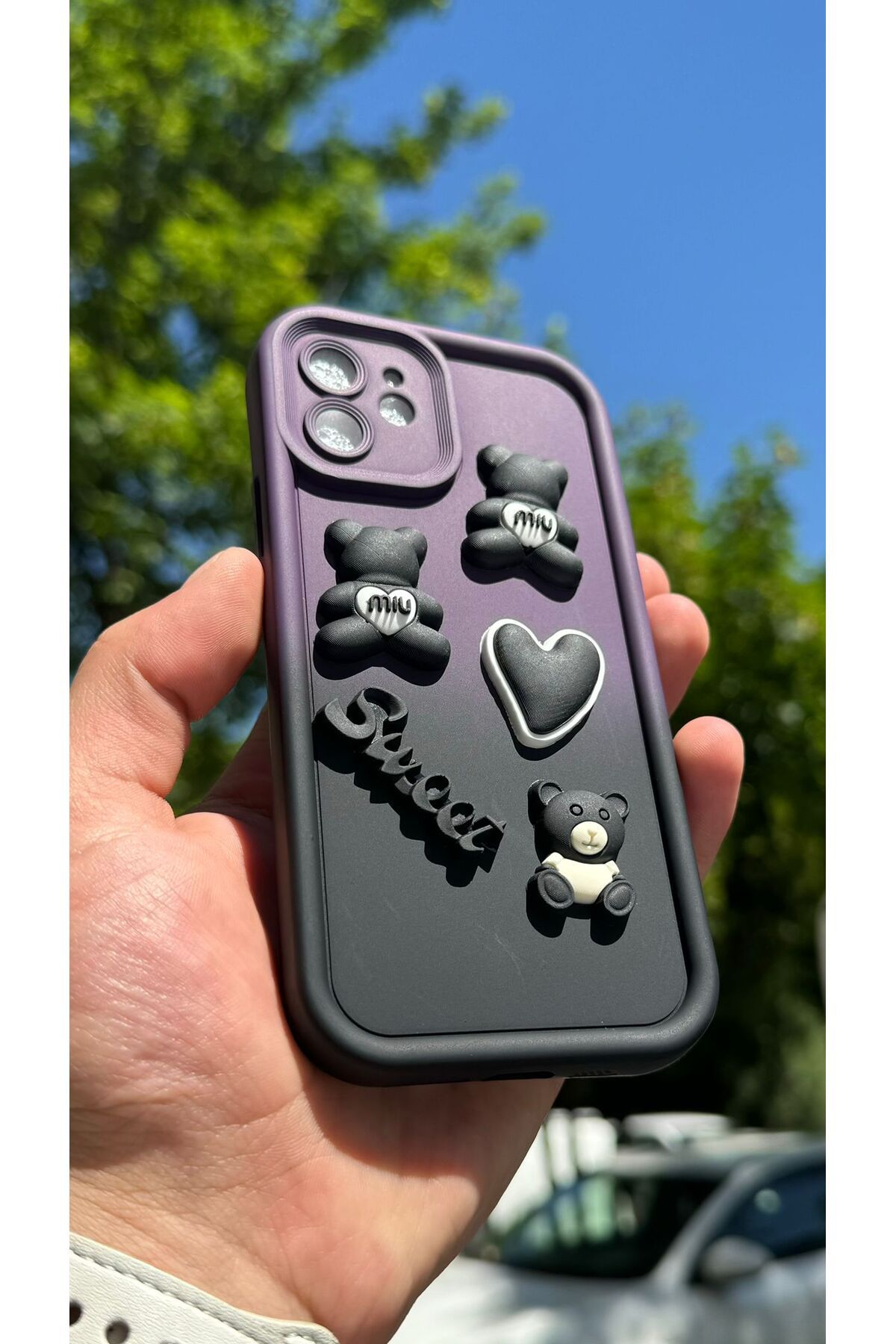 Sphone İphone 12 Kılıf Çift Renkli 3D Kabartmalı Ayıcık Kalp Love Sweet Emoji Süslü Gökkuşağı Figür Ombre