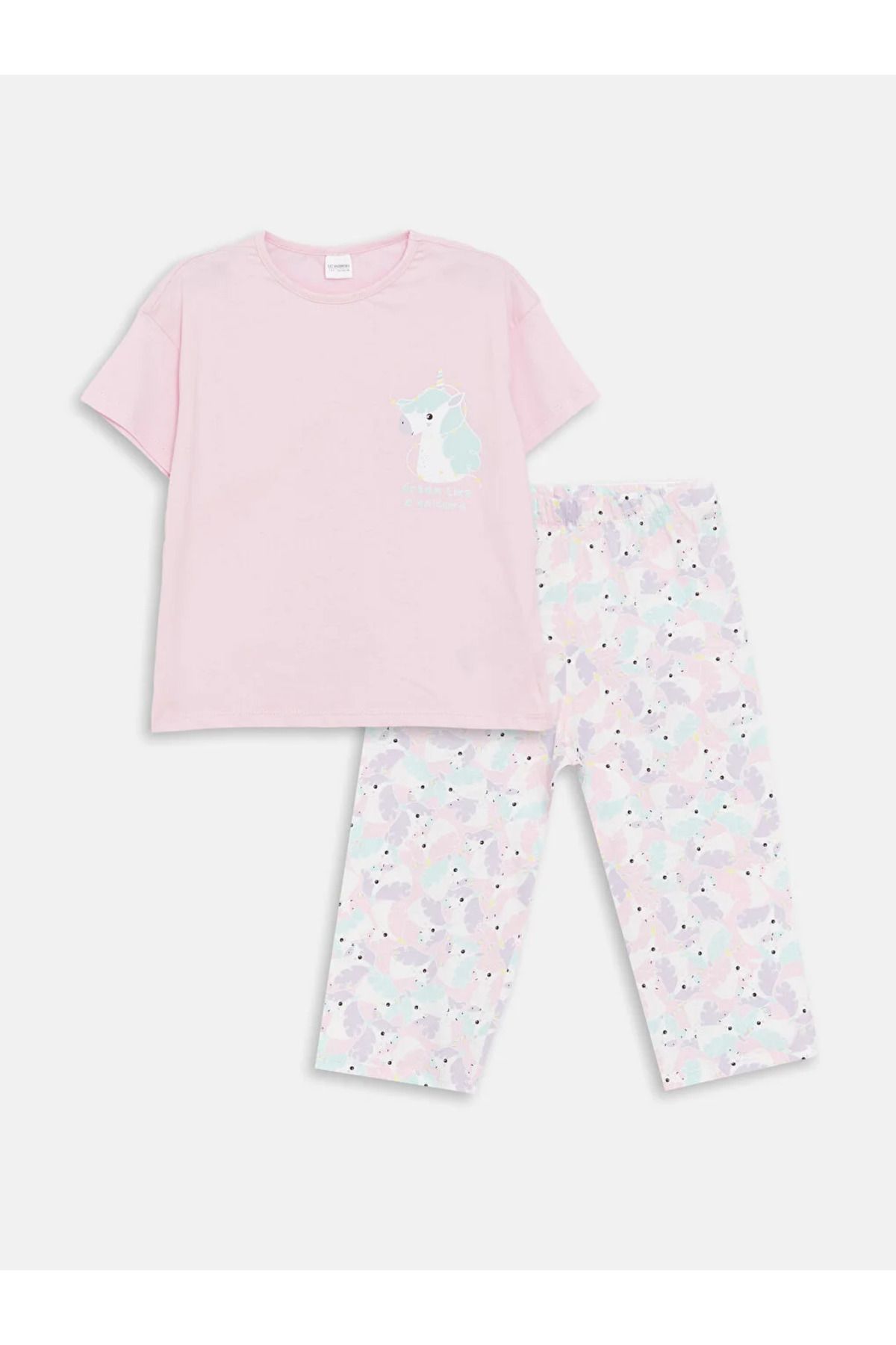 LC Waikiki LCW Kids Bisiklet Yaka Baskılı Kısa Kollu Kız Çocuk Pijama Takımı