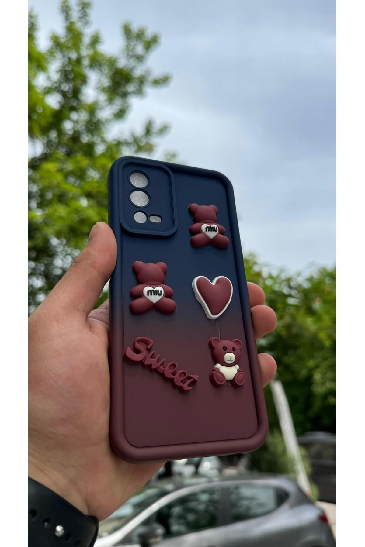 Sphone Oppo A74 Kılıf Çift Renk 3D Kabartmalı Ayıcık Kalp Love Sweet Süslü Emoji Gökkuşağı Figür Ombre Soft
