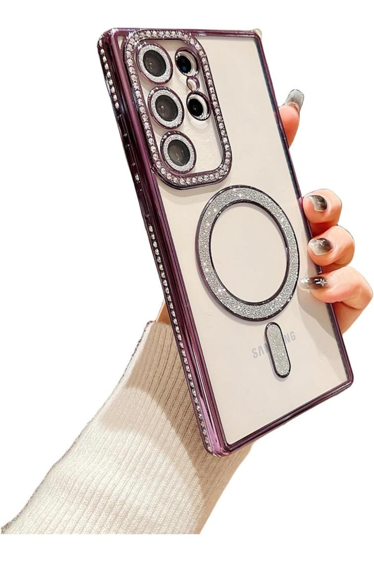UnDePlus Samsung Galaxy S24 Ultra Kılıf Simli Magsafe Kamera Kenar Taşlı Kapak