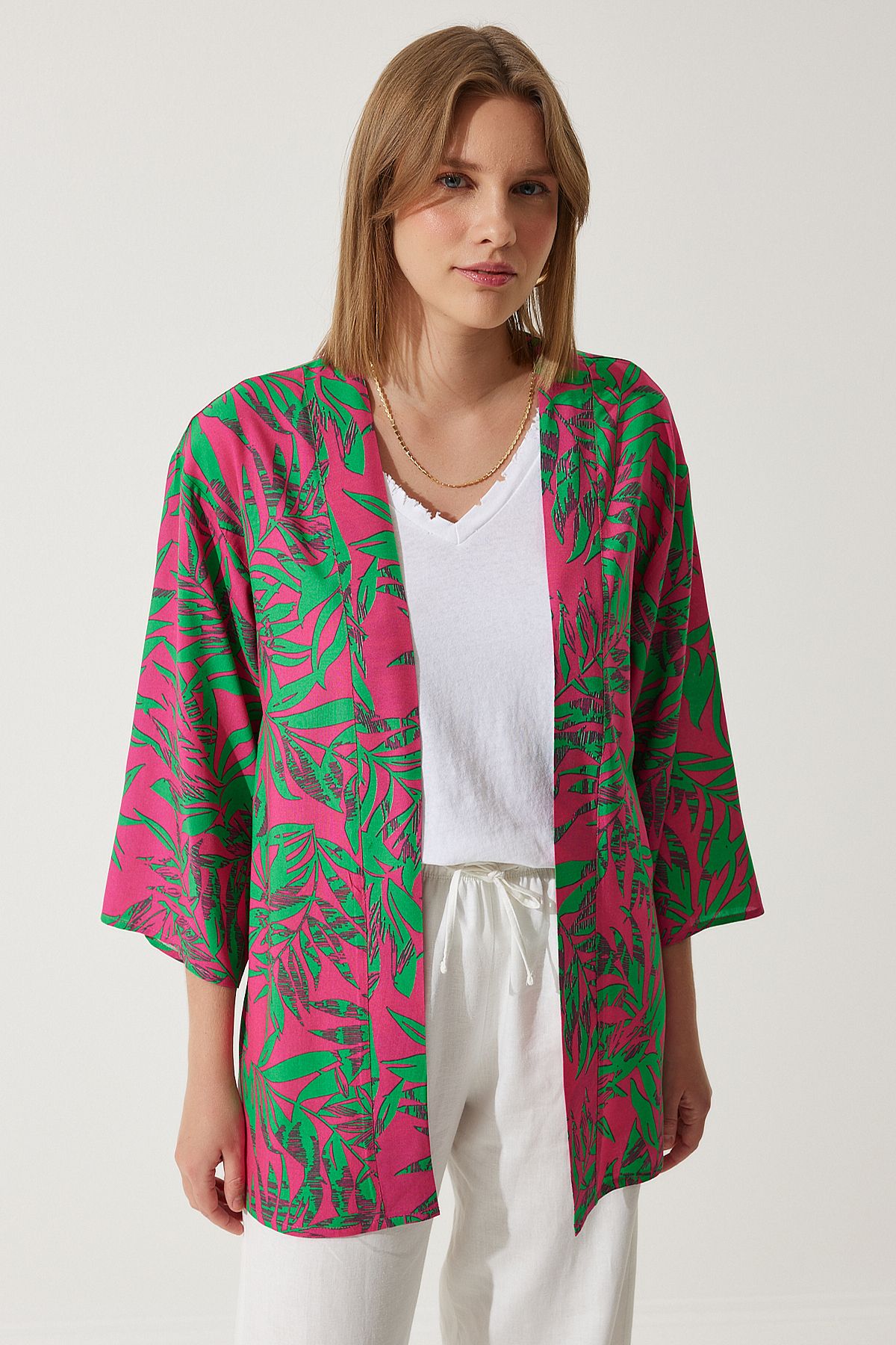 Happiness İstanbul Kadın Pembe Yeşil Desenli Viskon Kimono EN00615