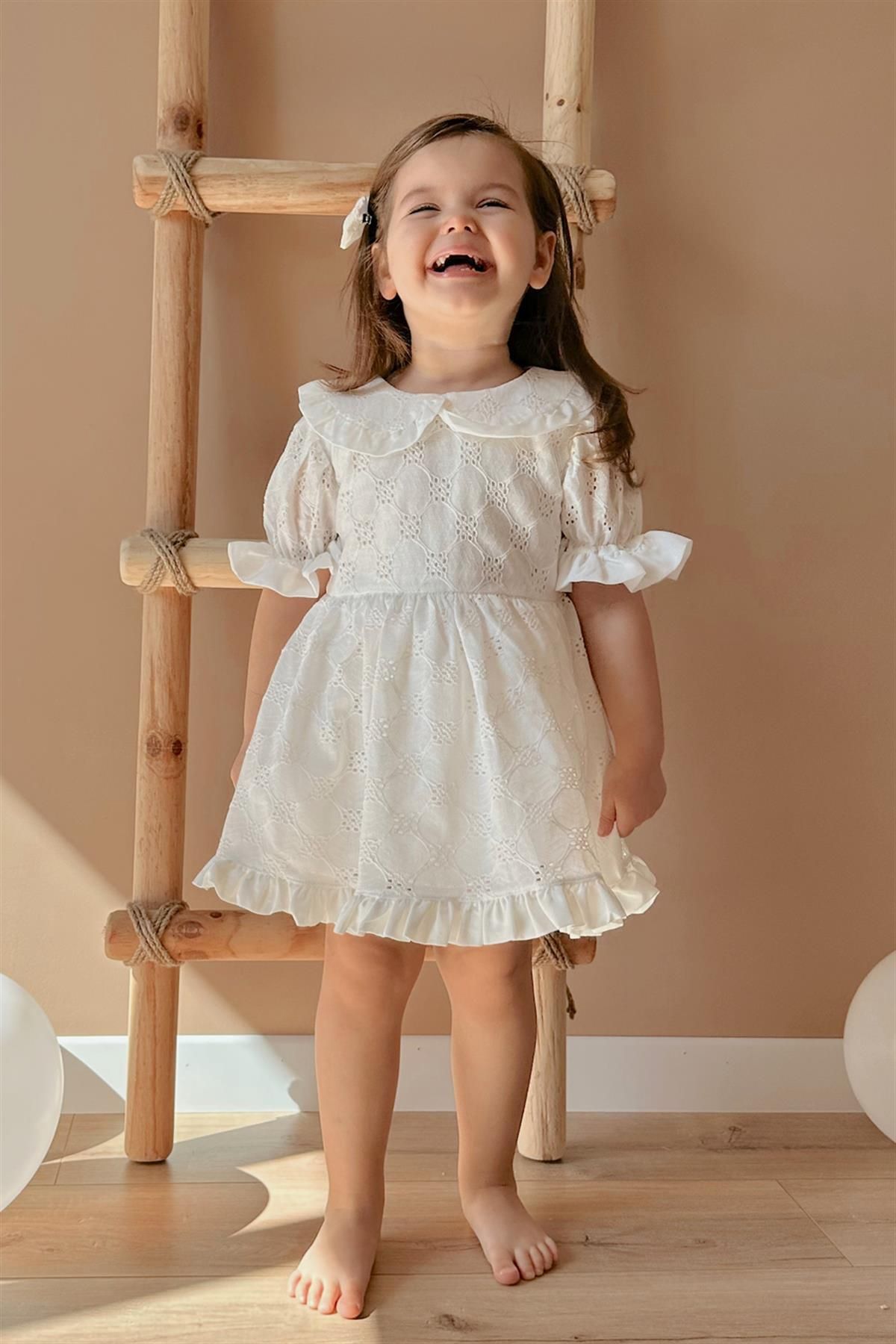 Le Mabelle Beyaz Bebe Yakalı Fisto Kız Çocuk Elbise - Greta