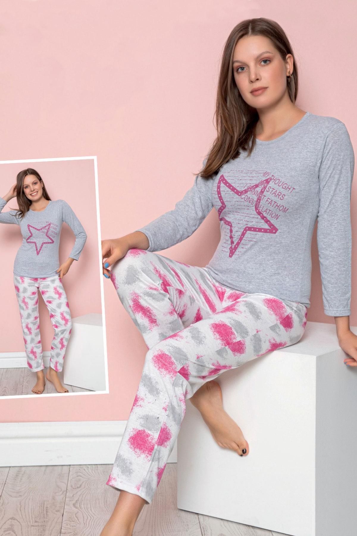 EMINNA Karışık Baskılı Uzun Kol Gri Fusya Renk Kadın Pijama Takımı
