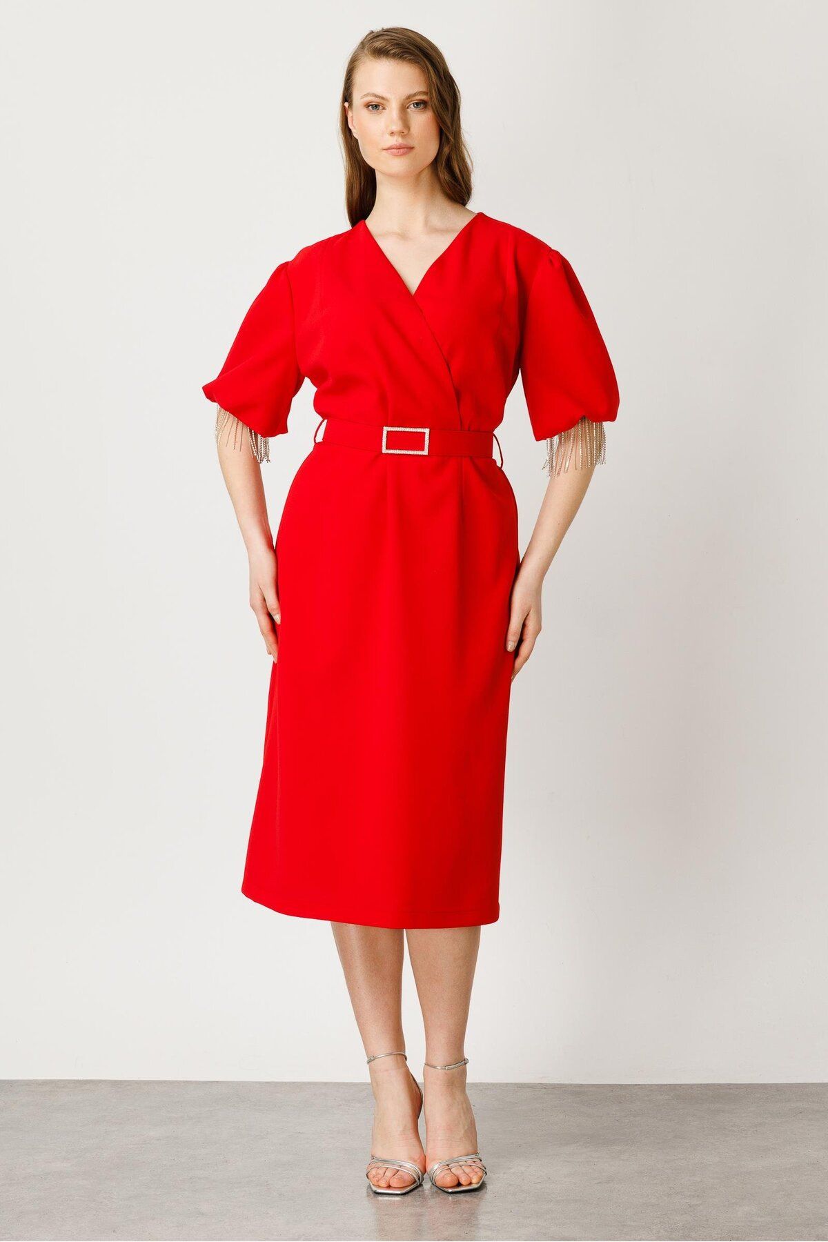 Moda İlgi Modailgi Şerit Taşlı Balon Kol Elbise Kırmızı