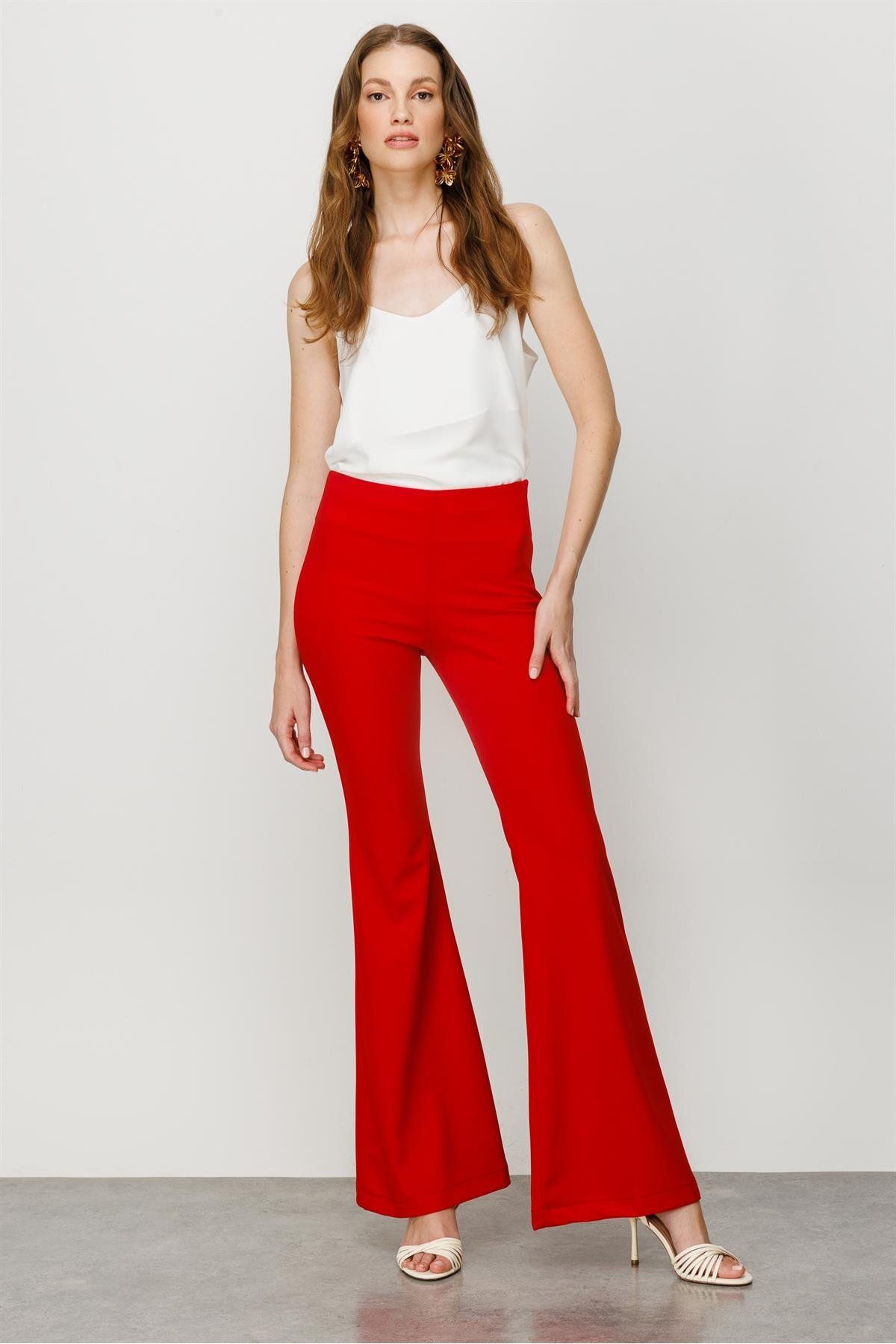 Moda İlgi Modailgi Ispanyol Paça Örme Pantolon Kırmızı