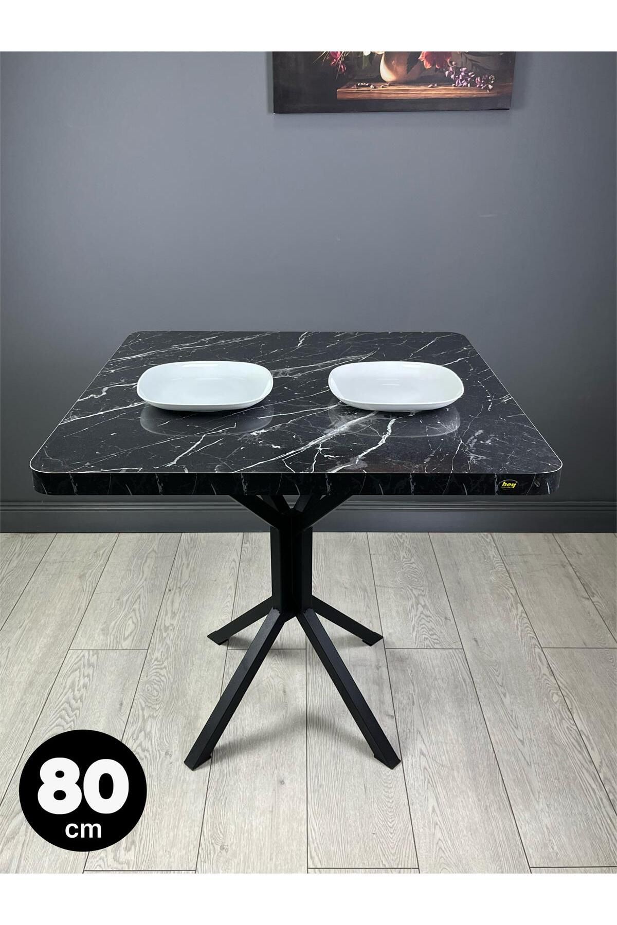 hey Roma Siyahmermer Mutfak Yemek Masası Balkon Masası Kavisli Köşe Metal Siyah Ayak 80 Cm