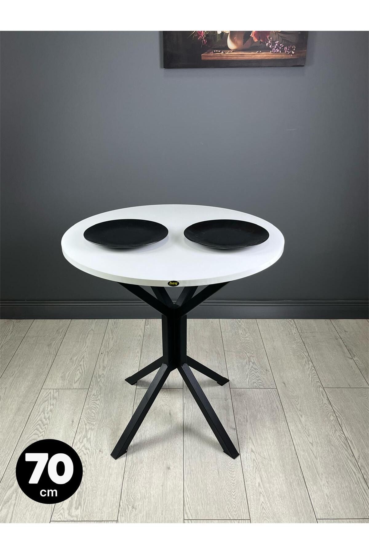 hey modüler mobilya Nisa Beyaz Yuvarlak Mutfak Masası Yemek Masası Balkon Masası Metal Siyah Ayak 70 Cm