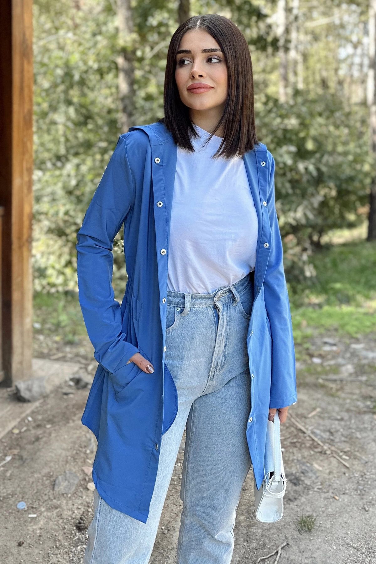 New Laviva Kadın Mavi Uzun Kol, Beli Lastikli, Cepli, Kapüşonlu Ceket Yağmurluk
