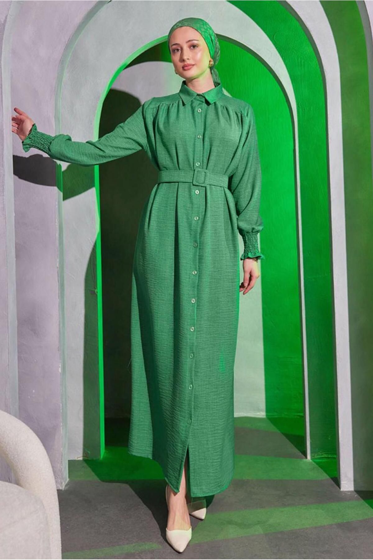 TRENDTESETTÜR Kadın Yeşil Kemerli Elbise T 210