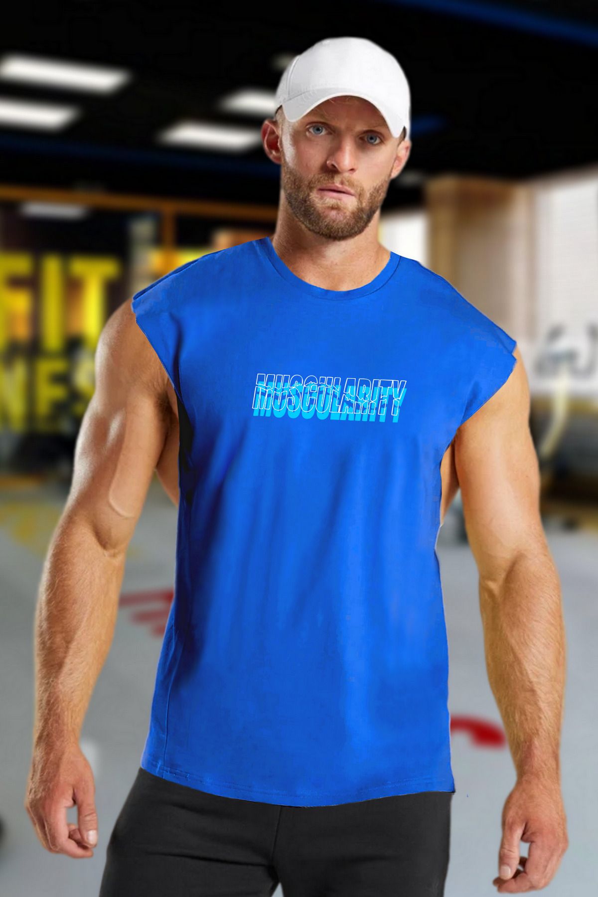 BESSA Erkek Muscularity Baskılı Mavi Oversize Bisiklet Yaka Pamuklu Kolsuz T-shirt/atlet