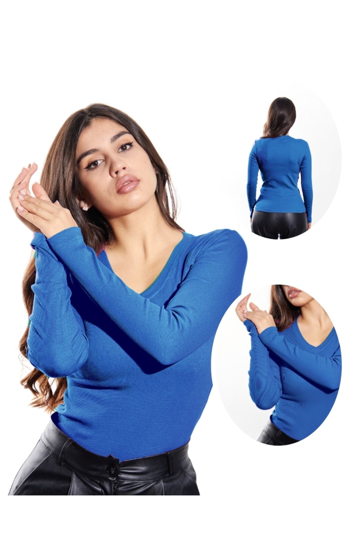 ALYA UNDERWEAR Kaşkorse V Yaka Body Sweatshirt, Mavi (İndigo)