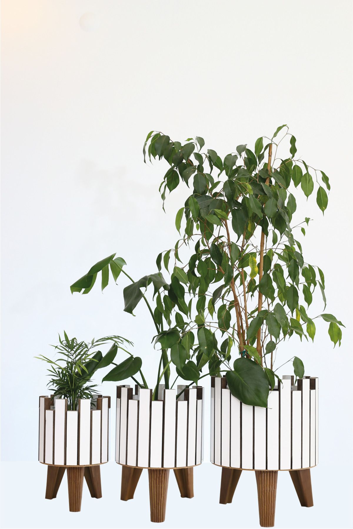 Hakan Mobilya Çam Rengi Ahşap Modern Kahverengi Ayaklı 3'lü Kale Model Saksı Seti Dekoratif Çiçeklik Balkon Bahçe