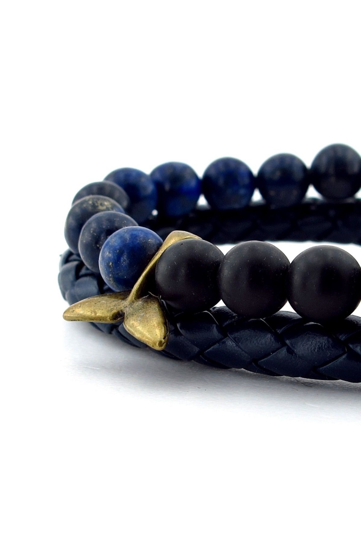 Solfera Balina Kuyruğu Lapis Lazuli Oniks Doğal Taş ve Deri Erkek Kombin Bileklik J0270