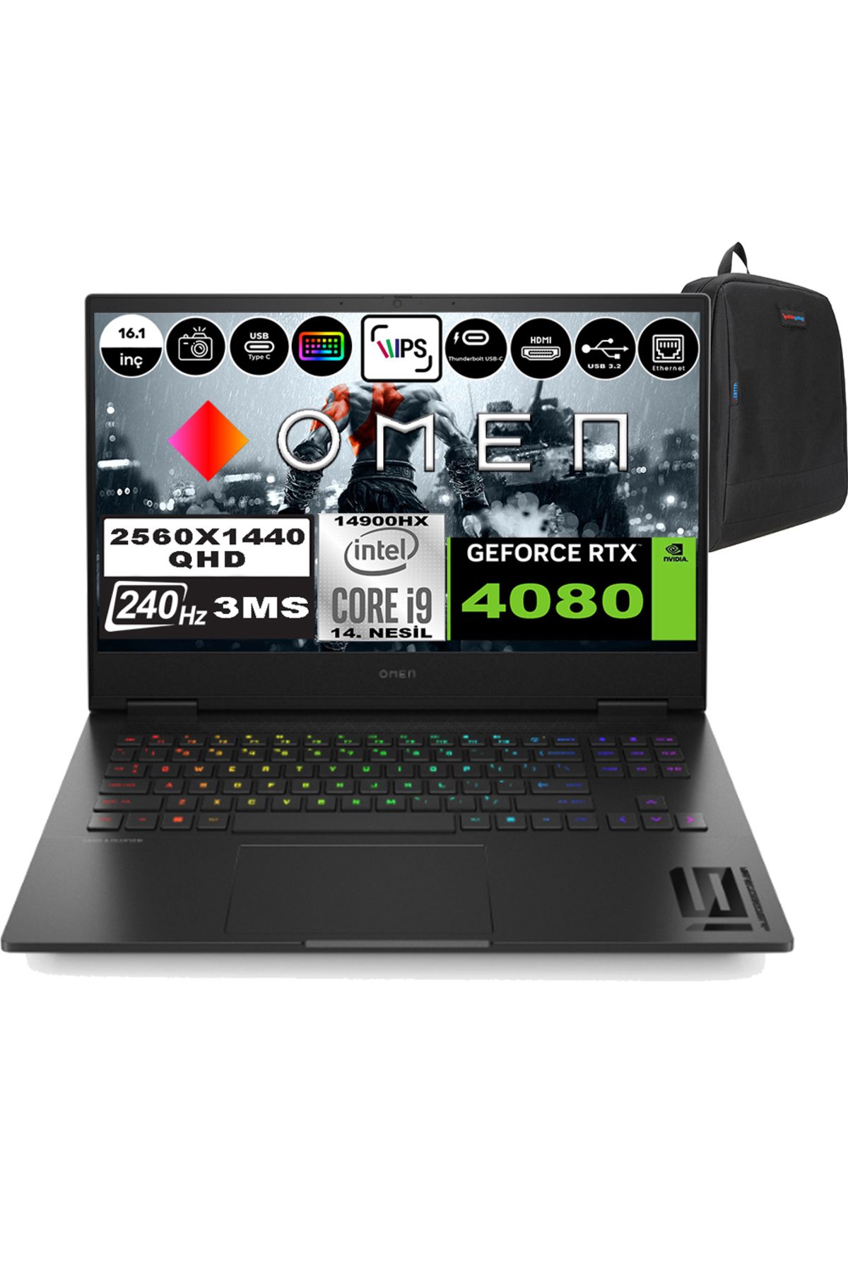 HP Omen I9 14900HX 96GB 2tb SSD + 2 Tb SSD 12GB RTX4080 16.1" Qhd 240Hz W11PRO 9J1L2EAWP09 +ZettaÇanta