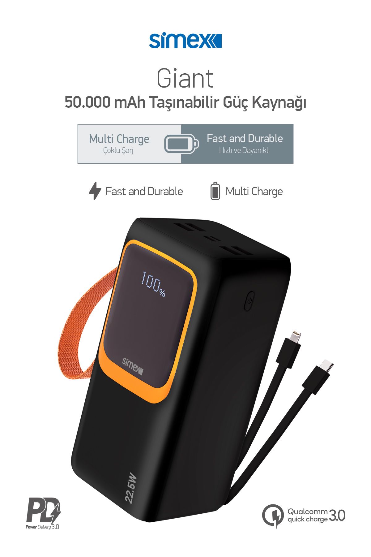 Simex 50.000 Mah Prime Dijital Göstergeli Fener Hızlı Şarj  Çoklu Kablo Powerbank,Taşınabilir Şarj Cihazı