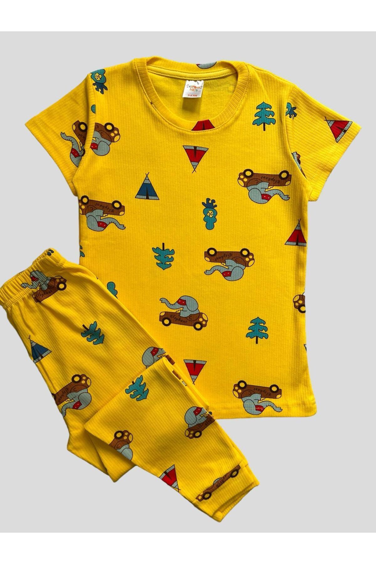 elmas kids Erkek Çocuk Pamuklu Araba Fil Desenli Fitilli Kısa Kollu Yazlık Pijama Takımı
