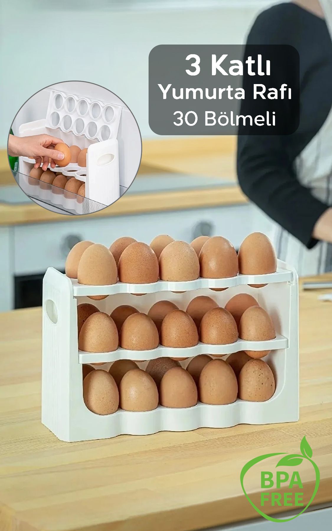 Meleni Home 3 Katlı Yumurta Rafı Buzdolabı Düzenleyici - 30 Bölmeli Buzdolabı Içi Yumurtalık Beyaz