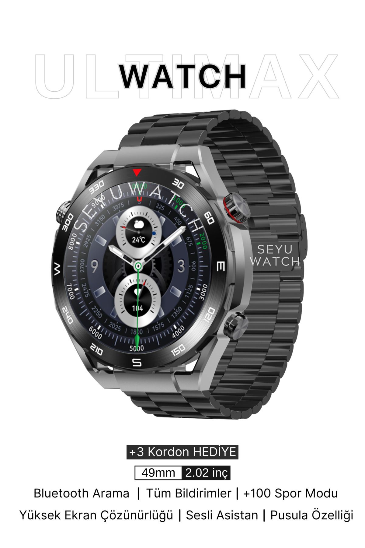 SEYUWATCH Watch Ultimax Akıllı Saat Siyah Iphone Ve Android Tüm Telefonlara Uyumlu