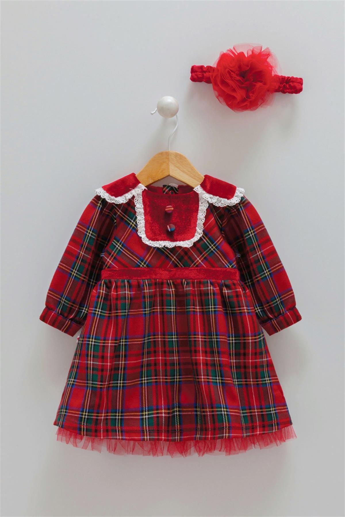 Caramell 01-12 Ay Kız Bebek Kırmızı Renk Ekose Elbise Set