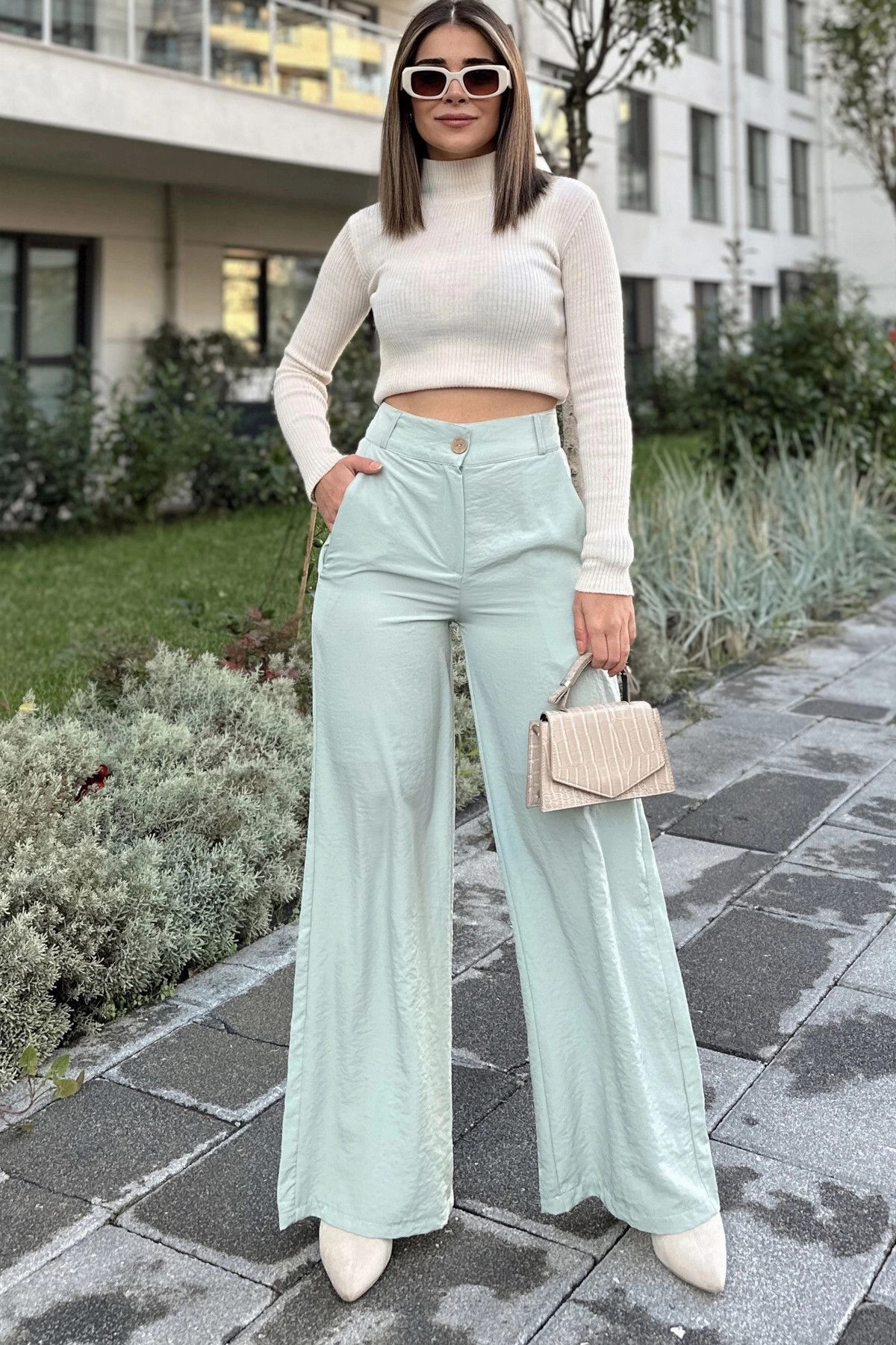 New Laviva Kadın Mint Yüksek Bel, Cepli, Bol Paça Pantolon