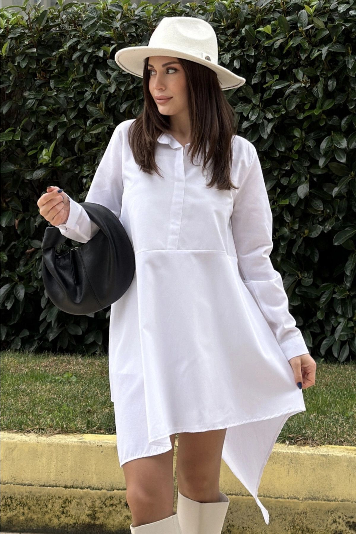 New Laviva Kadın Beyaz Gömlek Yaka, Uzun Kol, Asimetrik Kesim, Salaş, Midi Tunik Elbise