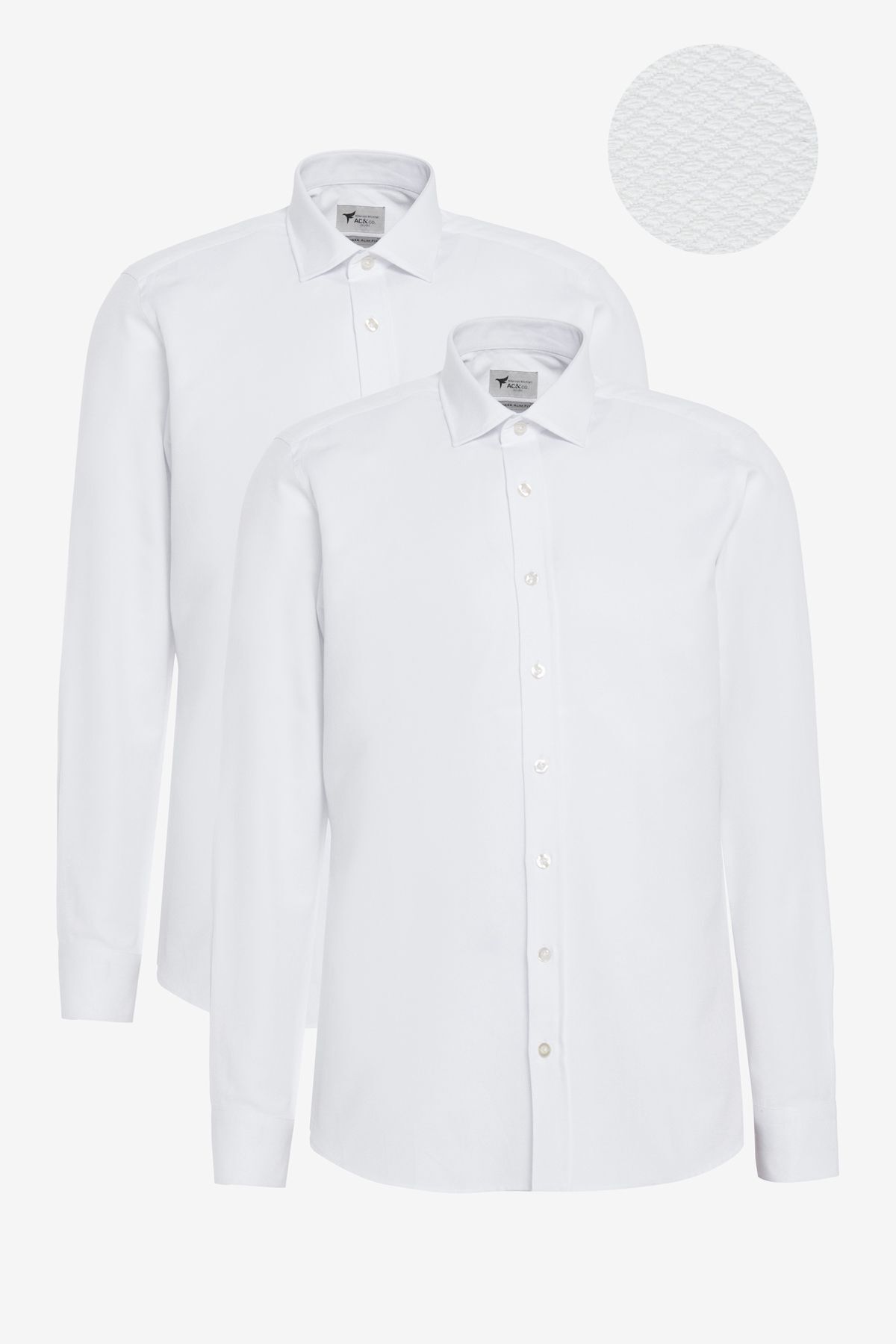 AC&Co / Altınyıldız Classics Erkek Beyaz 2'li Slim Fit Dar Kesim Pamuklu Klasik Yaka Armürlü Gömlek