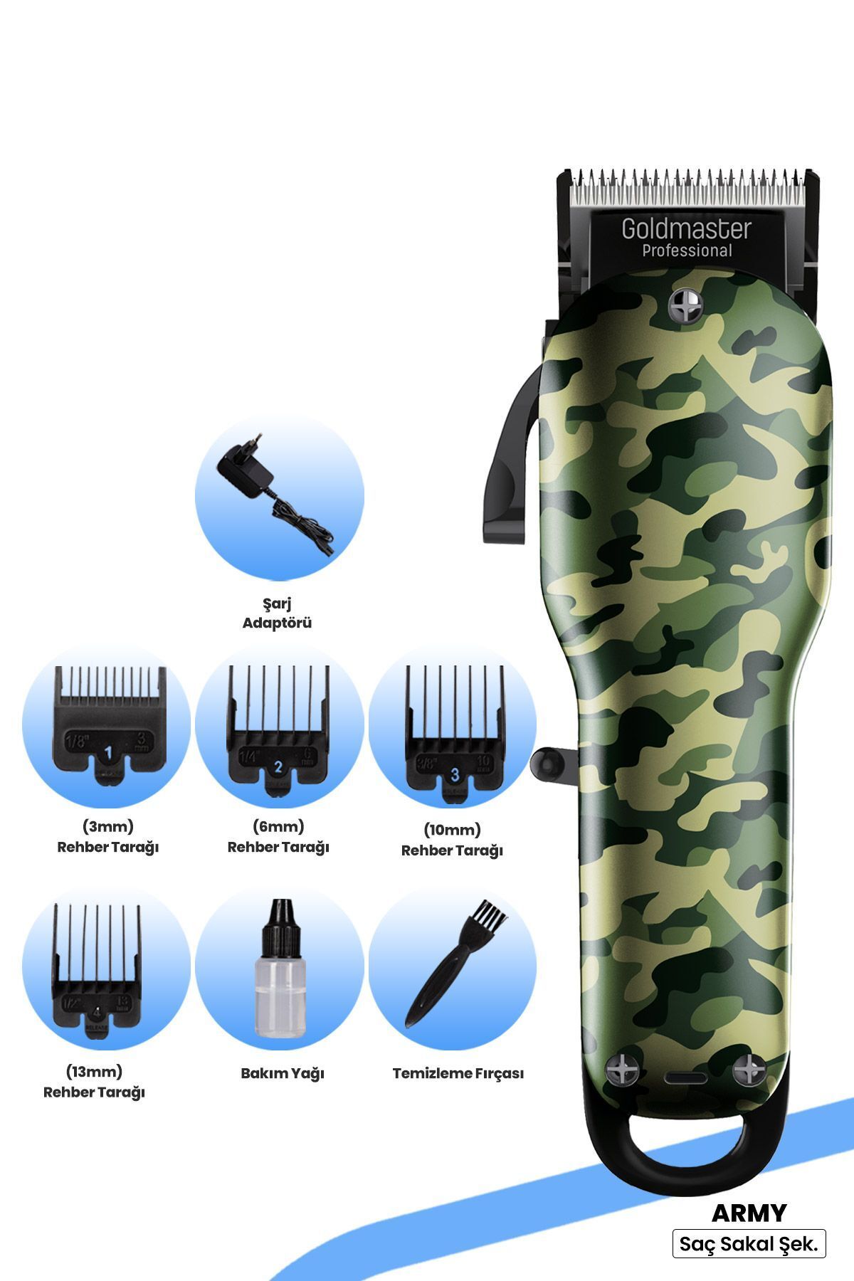 GoldMaster Army Özel Tasarım Hız Ayarlı Ayarlanabilir Profesyonel Saç Ve Sakal Şekillendirme Tıraş Makinesi