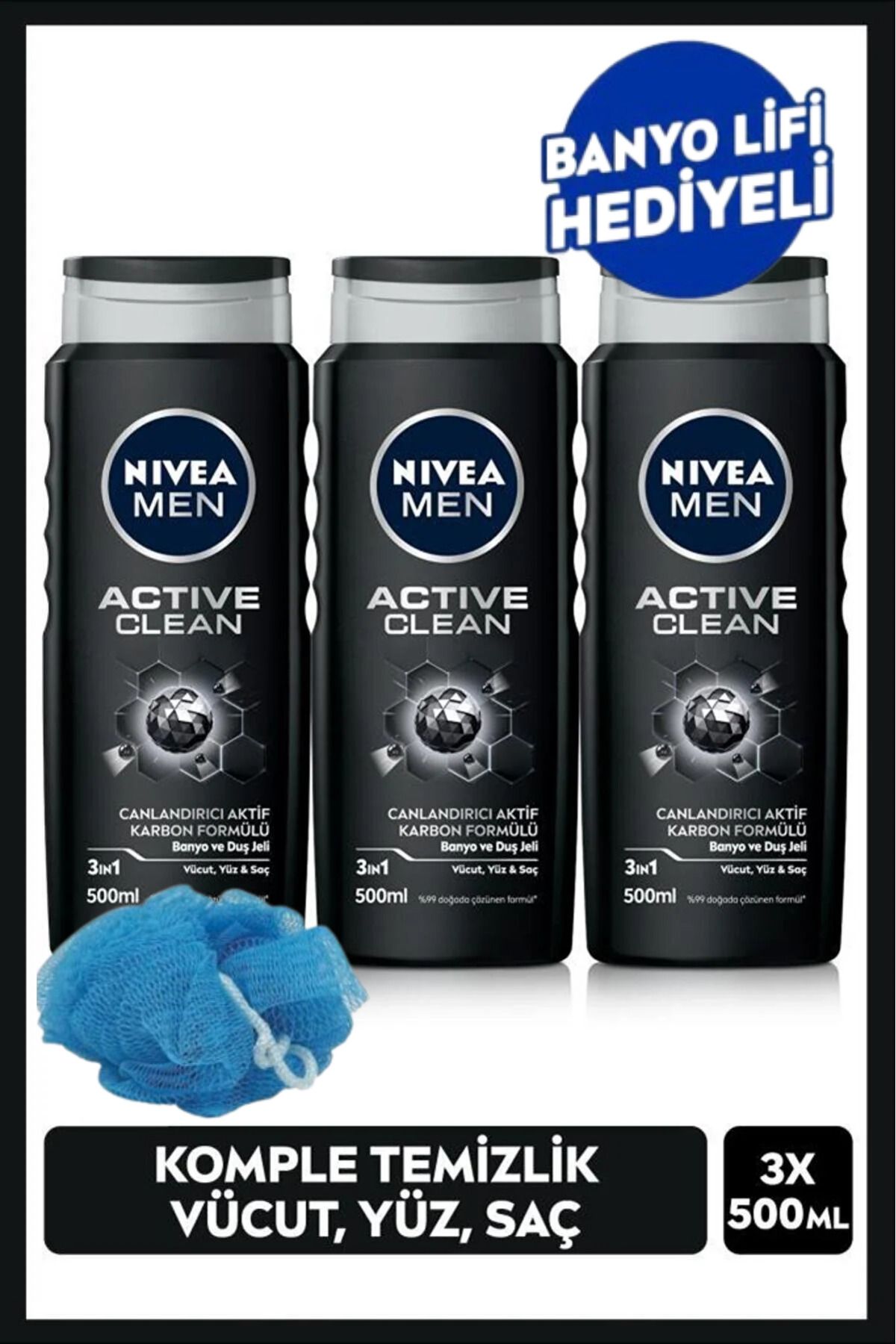NIVEA MEN Erkek Duş Jeli Active Clean500mlx3adet, Vücut ,Yüz ve Saç Bakımı