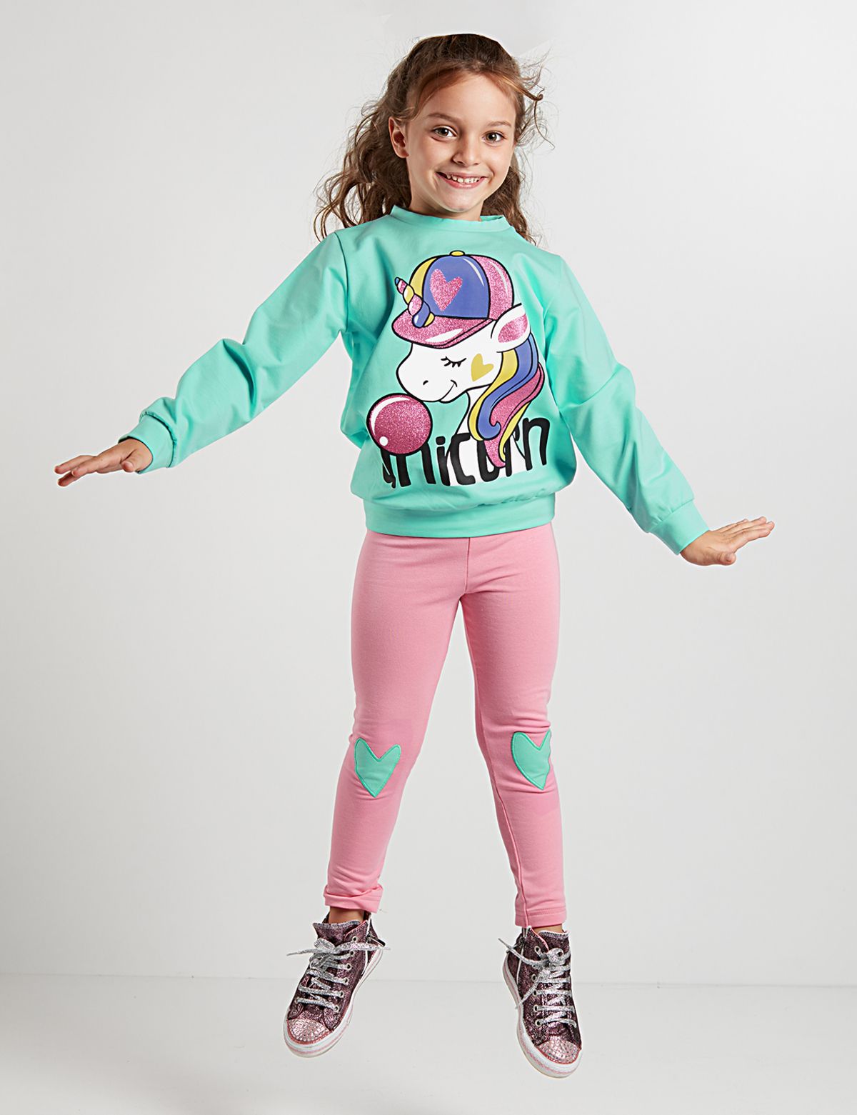Denokids Bubble Unicorn Kız Çocuk Sweatshirt Tayt Takım