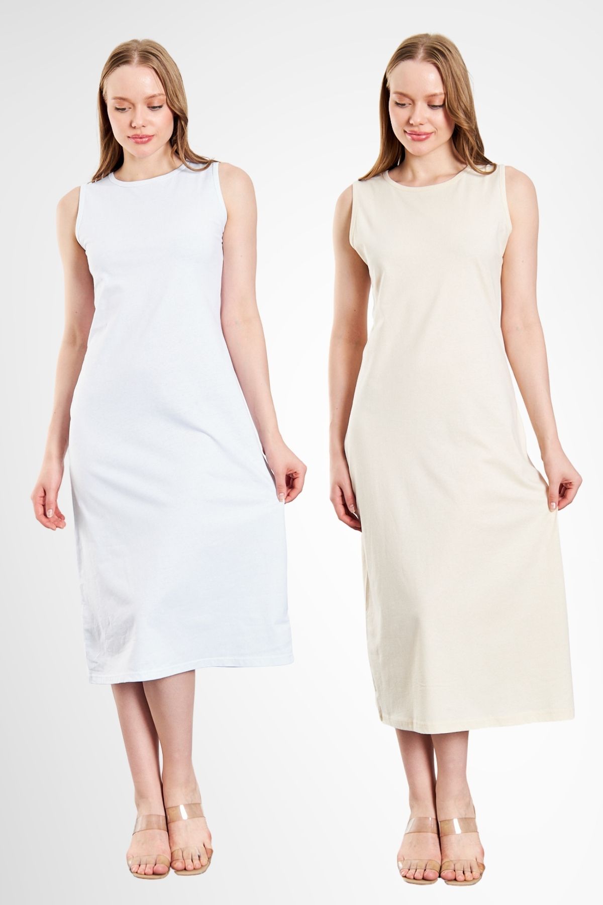 ESPİNA Uzun Kolsuz Elbise Astarı Içlik Jüpon Kombinezon 2'li Set Ekru - Beyaz 2'li Set