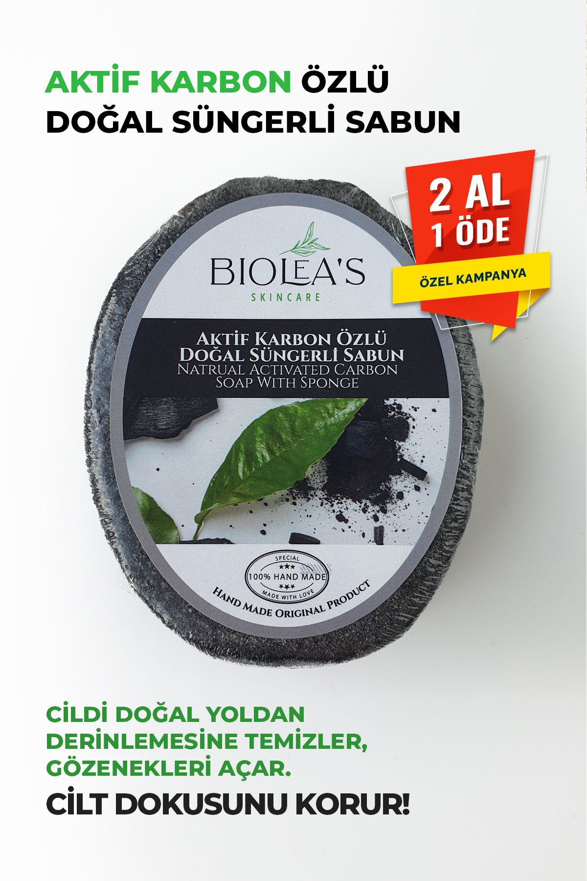 Biolea's skincare Aktif Karbon Özlü Doğal Süngerli Sabun 130 gr