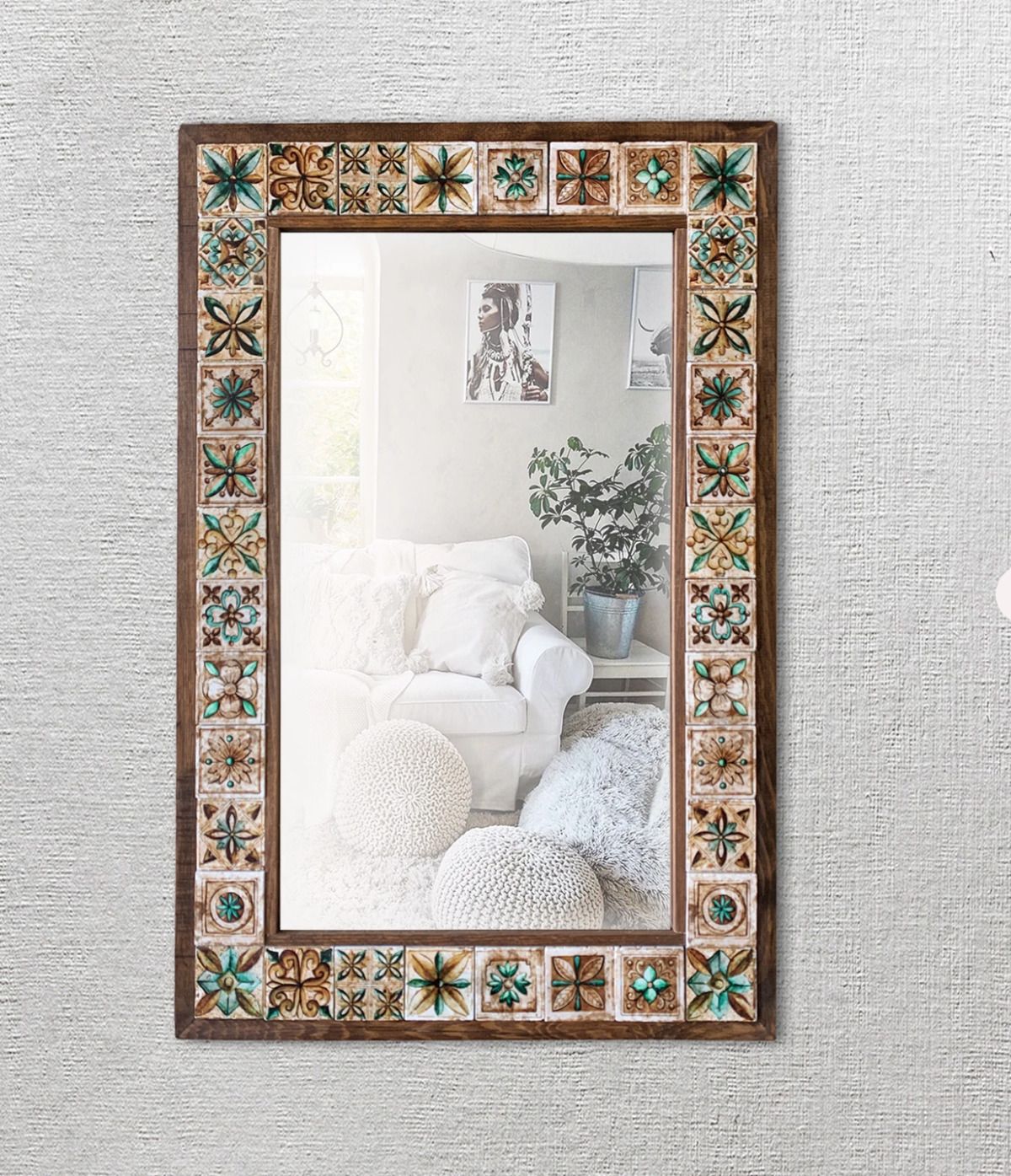 Pinecone Mozaik Taş Duvar Aynası, Ahşap Çerçeveli Dekoratif Ayna, Salon Konsol Aynası, Wall Mirror Mrr4-25