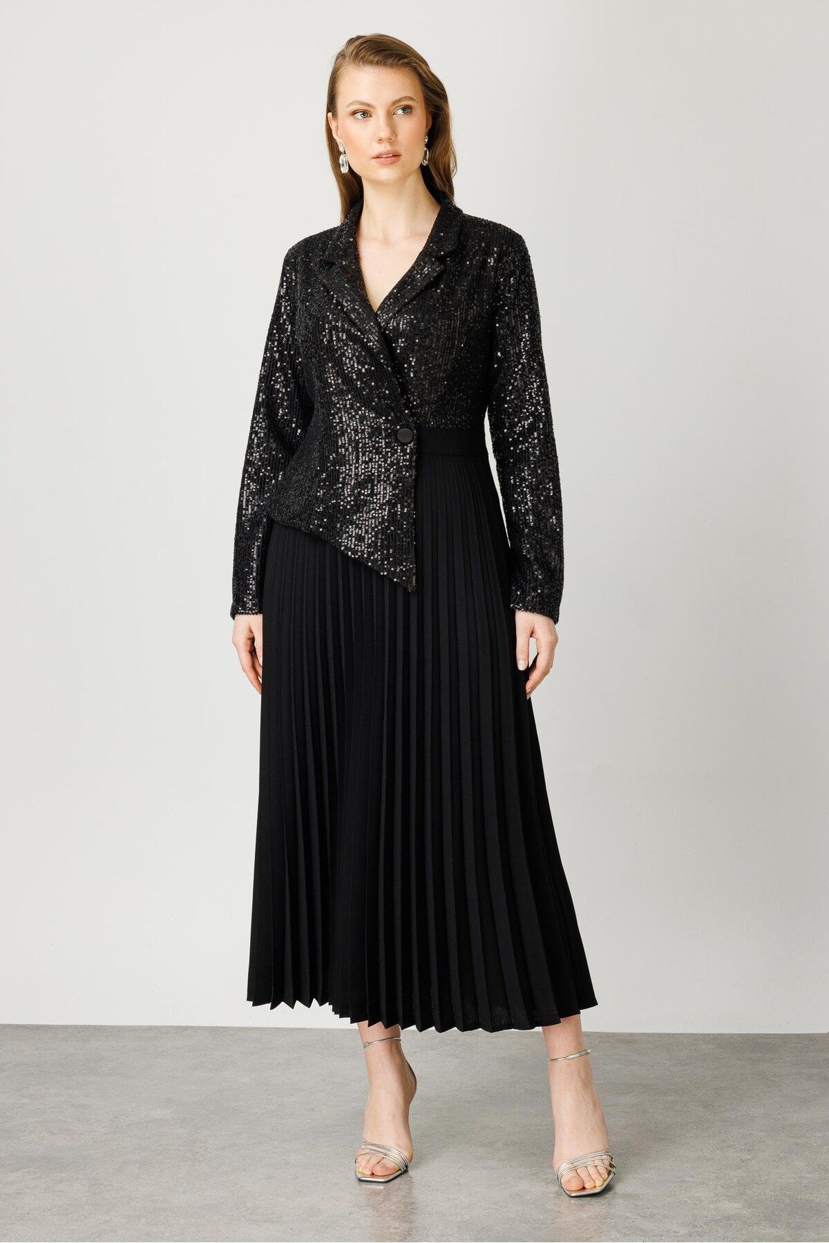 Moda İlgi Modailgi  Payetli Eteği Plisoley Elbise Siyah