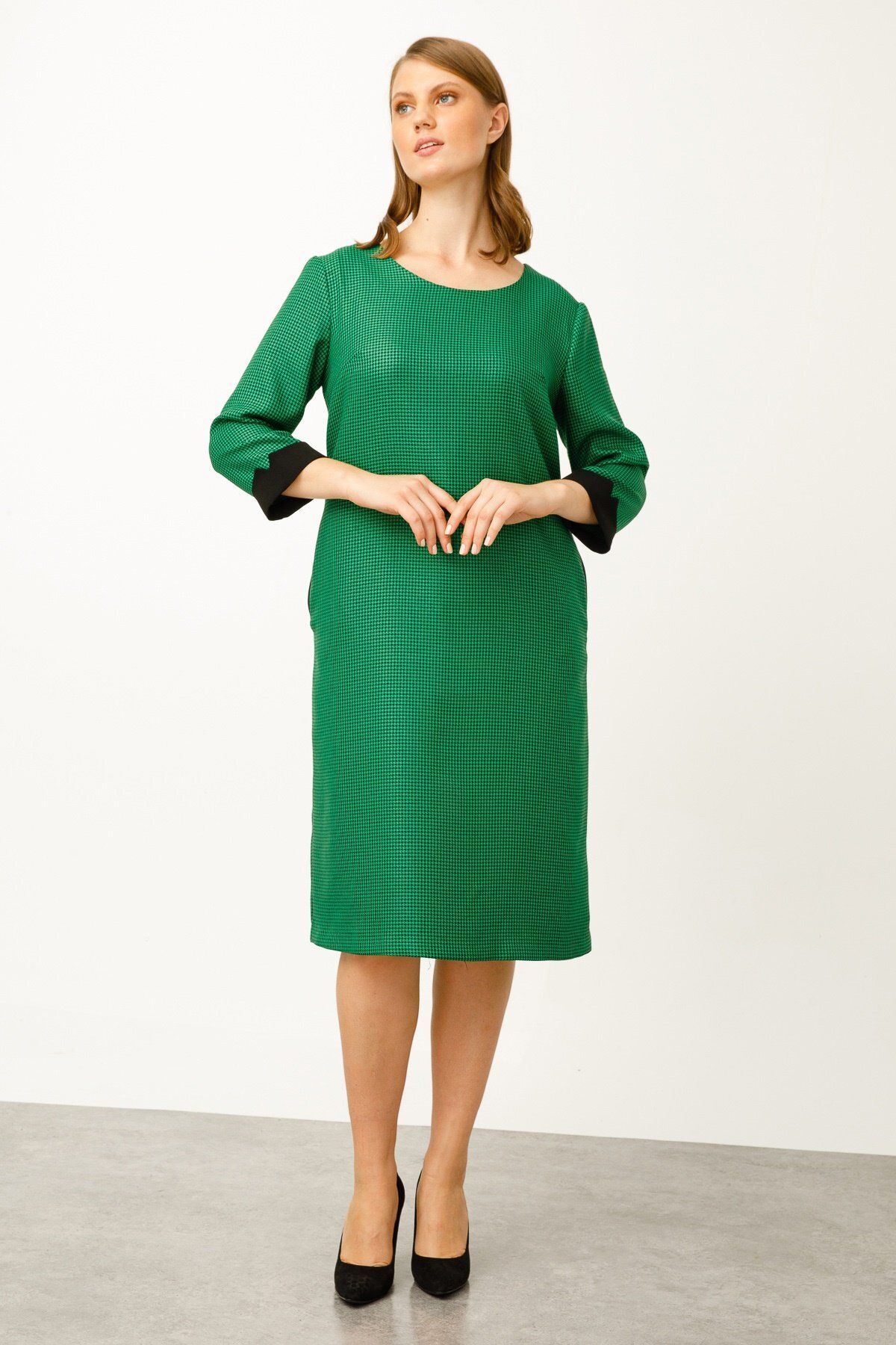 Moda İlgi Modailgi Sıfır Yaka Truvakar Kol Elbise Yeşil