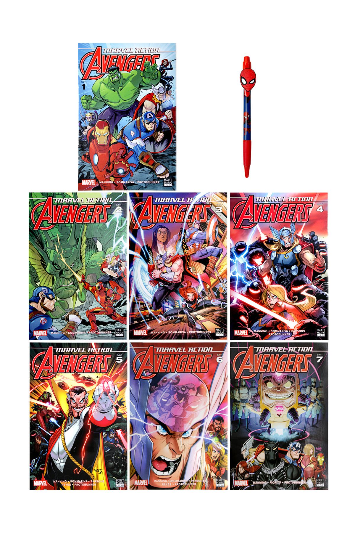 Marmara Çizgi Yayınları Marvel Action Avengers 1-7 Set (Çizgiroman) Spiderman Kalem Hedyeli