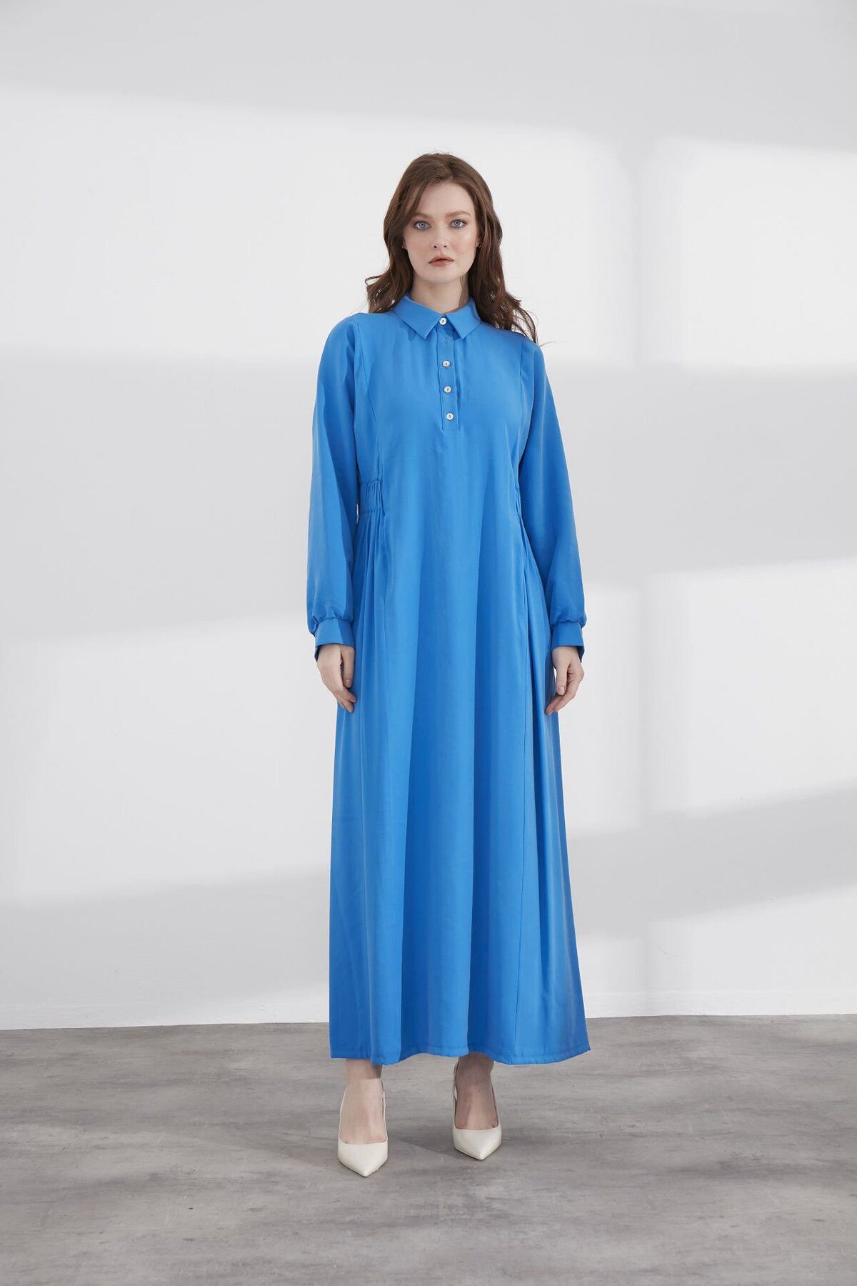 Al-Marwah Bel Büzgü Detaylı Elbise Mavi 303729
