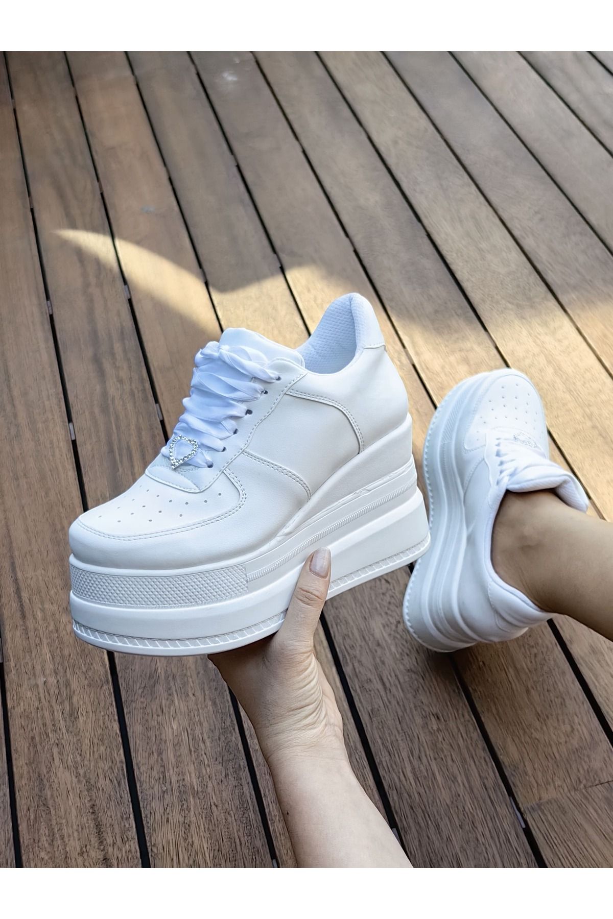 Ayakkabı Tutkusu Stilo ® Beyaz Dolgu Topuk Aşırı Rahat 9cm Rahat Yüksek Topuk Ayakkabı