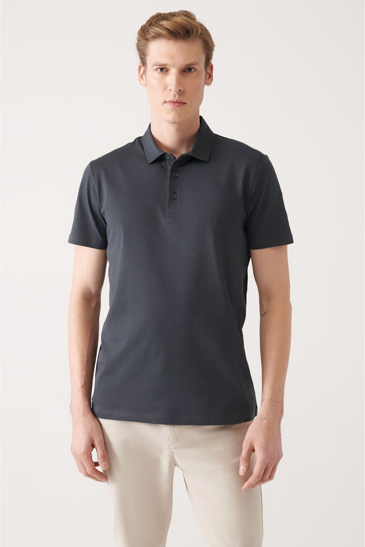 Avva Erkek Antrasit %100 Pamuk Regular Fit 3 Düğmeli Kıvrılmaz Polo Yaka T-shirt E001035