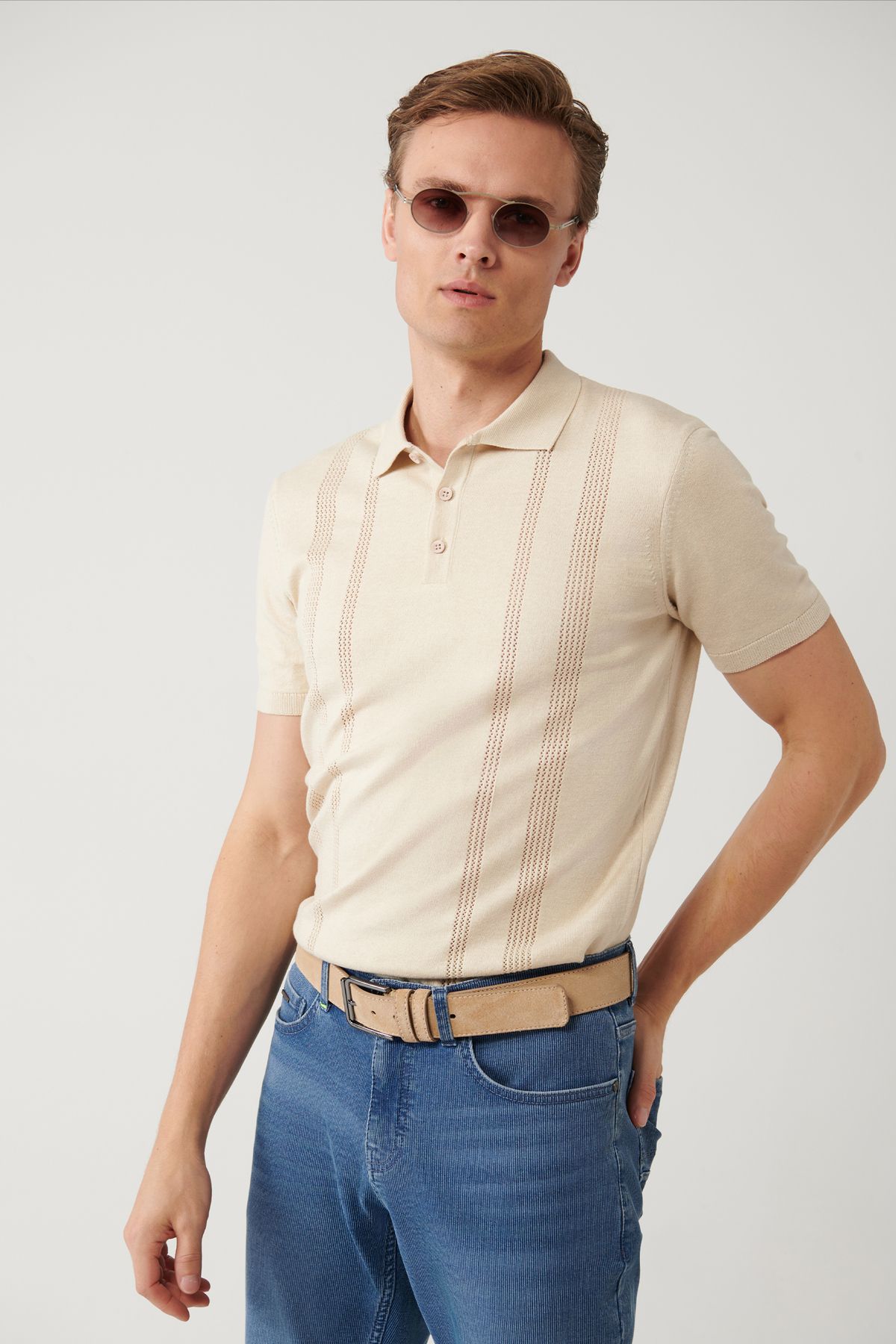 Avva Erkek Bej Polo Yaka Ajur Detaylı Regular Fit Triko T-shirt A41y5096