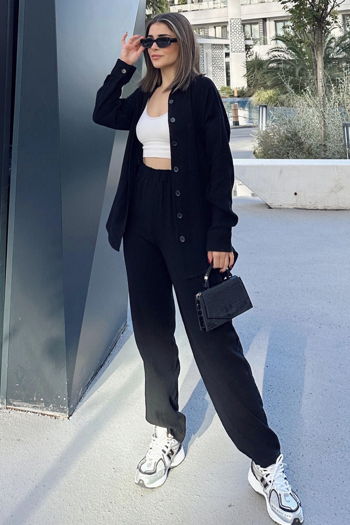 New Laviva Kadın Siyah Salaş Uzun Gömlek & Beli Lastikli Pantolon - Alt & Üst Müslin Kumaş Takım