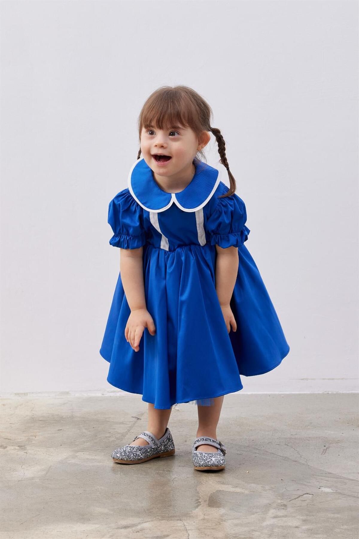 Fahhar Kids Çocuk Balon Kollu Kabarık Elbise Mavi