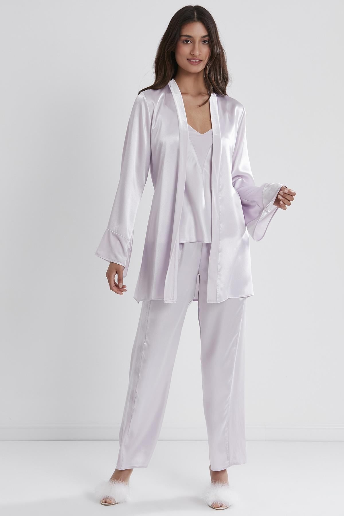 Pierre Cardin Kadın Kadife Saten 3'lü Pijama Takım 2040 Viola Terlik Hediyeli