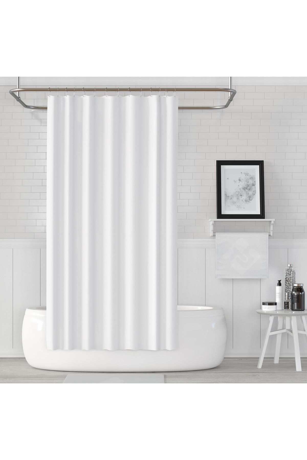 Jackline Beyaz Banyo Perdesi Yerli Üretim Duş Perdesi 12 Adet Plastik C-halkalı Banyo Duş Perdesi