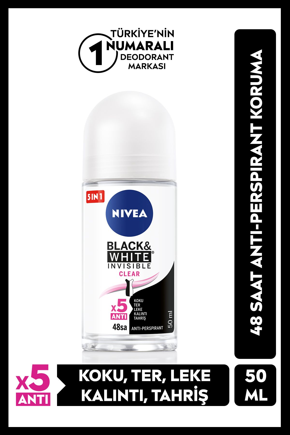 NIVEA Kadın Black&White İnvisible Clear Roll-On Deodorant 50ml, Ter ve Ter Kokusuna Karşı 48 Saat Etkili