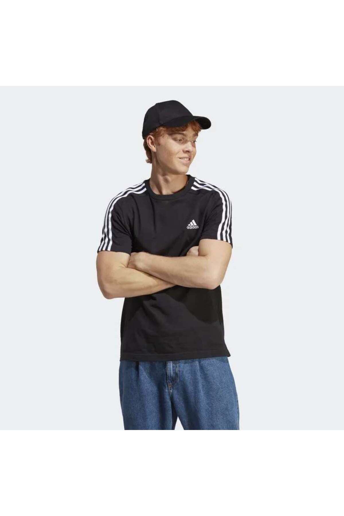 adidas 3 Stripes Single Jersey Erkek Siyah Bisiklet Yaka Tişört