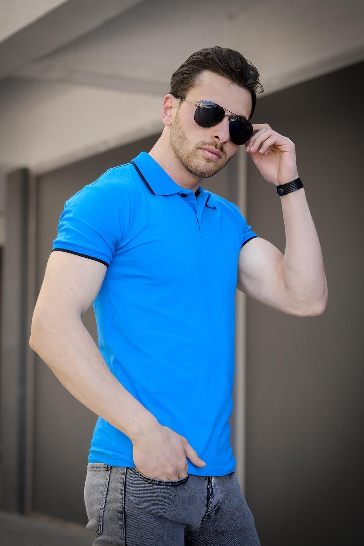 Oksit Colton Yakası Biyeli Likralı Slim Fit Erkek Polo Yaka Tshirt